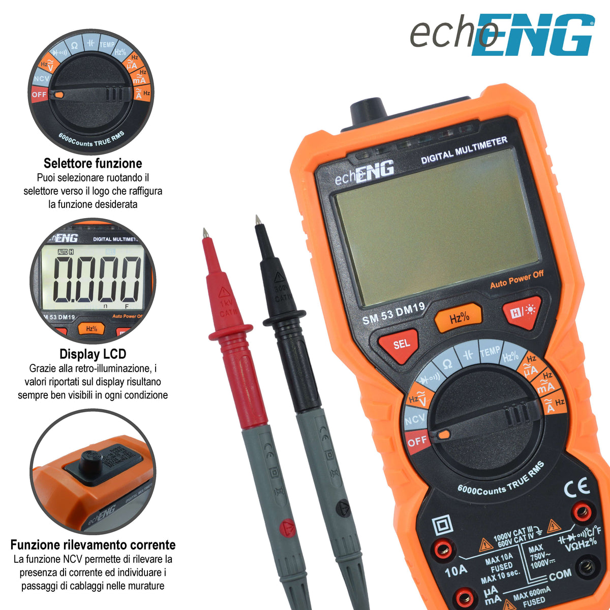 Multimetro Digitale 6000 Conti TRUE RMS, Termometro, Tensione AC/DC, CAT IV 600V / CAT III 1000V - echoENG SM 53 DM19