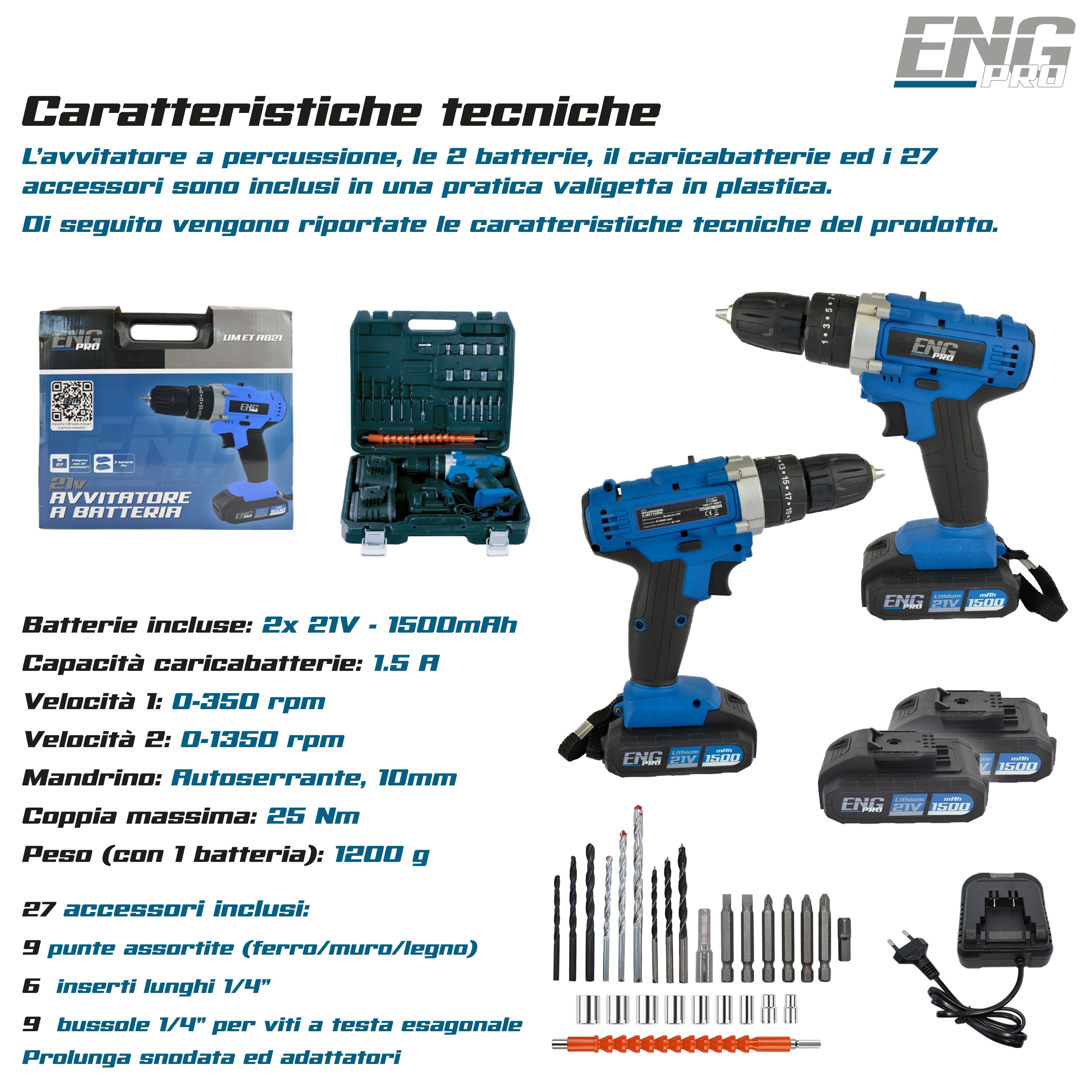 Trapano avvitatore foratura a percussione 21V +27 accessori - ENG PRO UM ET AB21