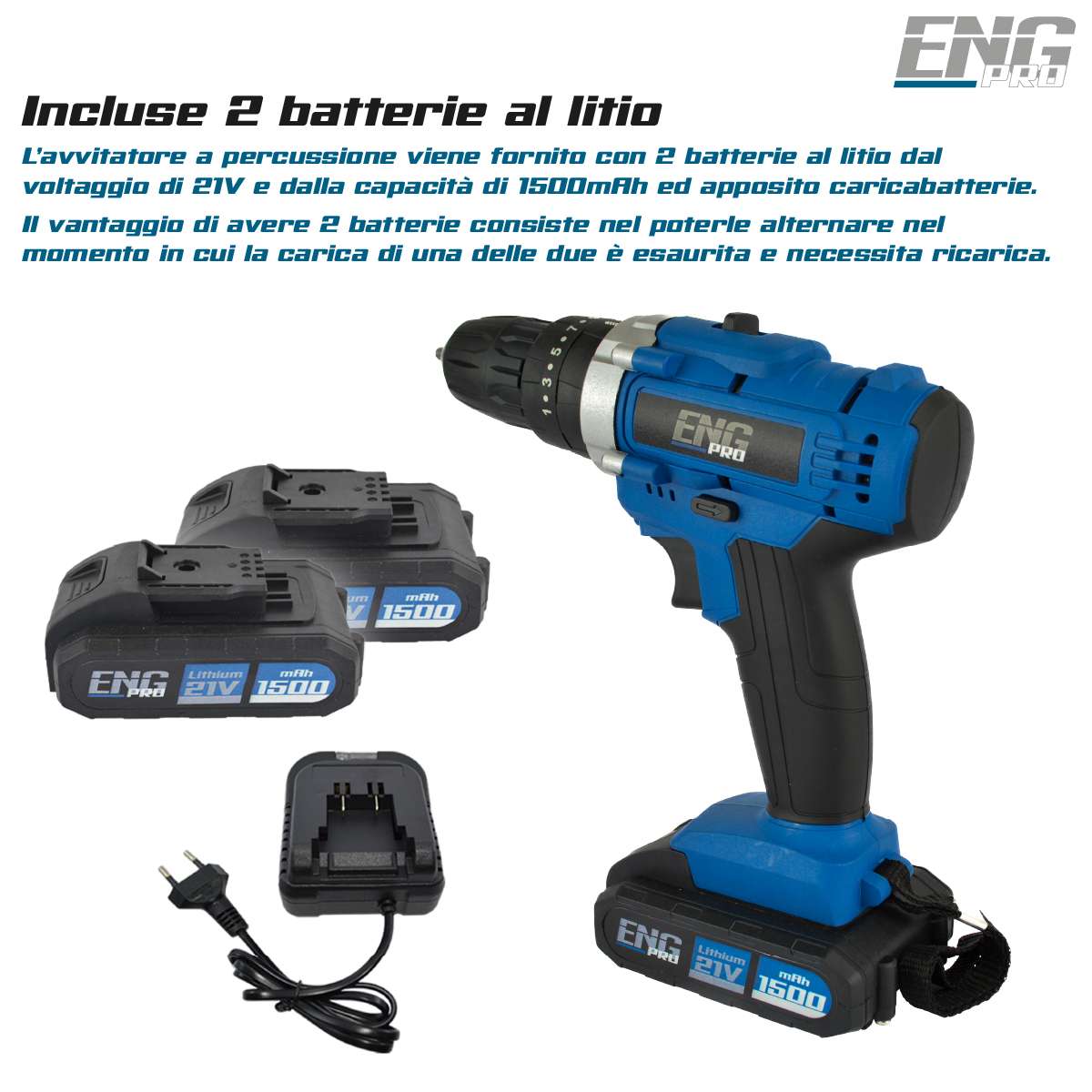 Trapano avvitatore foratura a percussione 21V +27 accessori - ENG PRO UM ET AB21