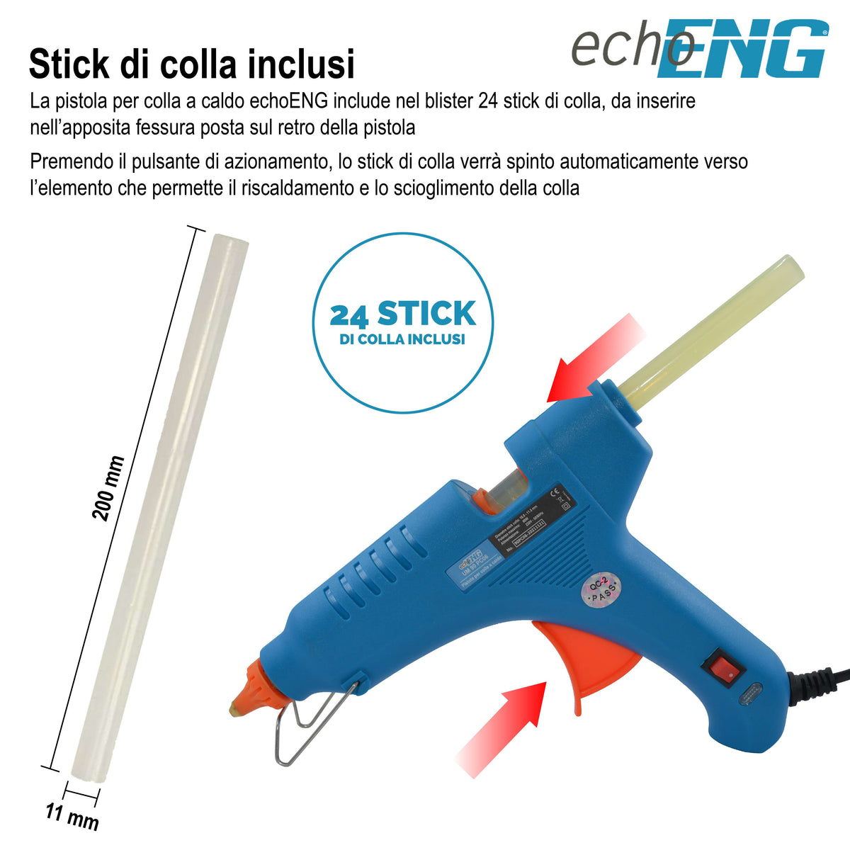 Pistola colla a caldo 60W + 24 stick di colla - echoENG UM 90 PC06